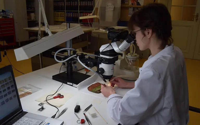 A scientist in a white lab coat is using a microscope at a laboratory bench. She is examining a sample under the microscope, while a laptop and various tools are arranged on the table. The workspace features a well-lit environment with organized materials in the background.