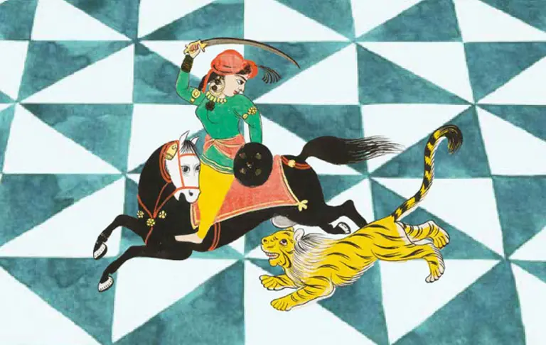 A warrior in traditional attire rides a black horse, brandishing a whip. A yellow tiger runs alongside them. The background features a geometric pattern of light and dark shades, emphasizing the dynamic movement of the scene.