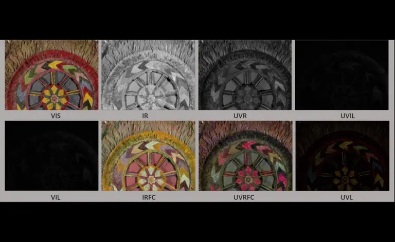 Das Bild zeigt eine Reihe von kreisförmigen Mustern in verschiedenen Farbspektren: sichtbar (VIS), infrarot (IR), ultraviolett reflektierend (UVR), ultraviolett absorbierend (UVIL) und andere Varianten. Jede Spalte präsentiert eine unterschiedliche Farb- oder Intensitätsdarstellung des Musters.