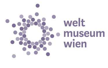 Logo of the Weltmuseum Wien featuring a circular arrangement of dots in various shades of purple, forming a star-like shape. The text "weltmuseum wien" is positioned to the right in a modern font.