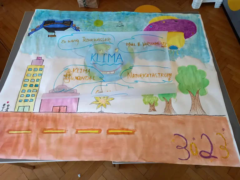 Das Poster zeigt verschiedene Themen im Zusammenhang mit dem Klima, darunter „Trinkwasser“, „Klimawandel“ und „Naturkatastrophen“. Es ist farbenfroh gestaltet und enthält Illustrationen von Bäumen, Gebäuden und einer Straße, um die Botschaft visuell zu unterstützen. Das Jahr „2023“ ist ebenfalls prominent dargestellt.