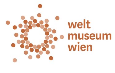 Logo of Weltmuseum Wien featuring a circular pattern made of dots in various shades of brown, accompanied by the text "weltmuseum wien" in a modern font.