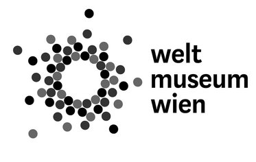 Logo of the Weltmuseum Wien featuring a circular arrangement of dots in various shades of gray, creating a star-like pattern, accompanied by the text "welt museum wien" to the right.