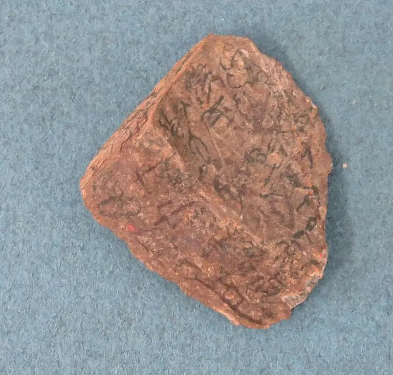 Ein abgerundeter, unregelmäßig geformter Stein mit eingeprägten, unleserlichen Zeichen oder Symbolen. Der Stein liegt auf einem blauen Hintergrund, der die Konturen und die Struktur des Gesteins hervorhebt.