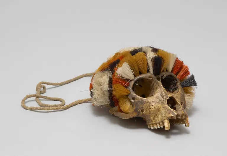 Ein menschlicher Schädel, der mit bunten Tierhaaren dekoriert ist. Er weist eine Schnur auf, die vermutlich zur Befestigung dient. Der Schädel hat auffällige Zähne und wird von einer farbenfrohen Haarpracht umgeben. Der Hintergrund ist schlicht und einfarbig.