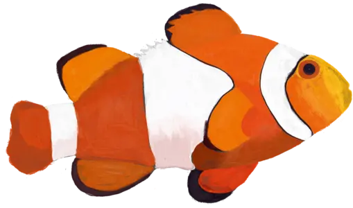 Ein bunter, stilisierter Fisch mit orangefarbenem Körper, weißen Streifen und schwarzen Rändern schwimmt seitwärts. Der Fisch hat einen runden Kopf mit einer gelben Schnauze und großen Augen.