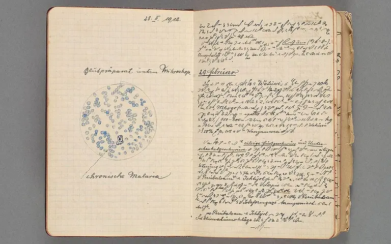 Ein offenes Notizbuch mit handschriftlichen Einträgen und einer gezeichneten Abbildung einer Zelle. Die Seite zeigt verschiedene Schriftarten in einer Mischung aus Deutsch und Latein, mit dem Datum 21. Februar 1918. Die zelluläre Zeichnung ist mit blauen Farben hervorgehoben.