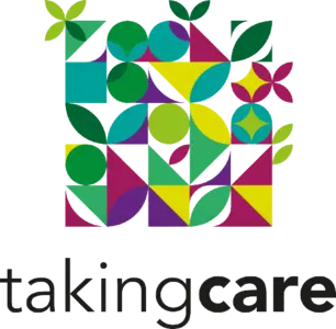 The image features a colorful abstract design composed of various geometric shapes and leaves in shades of green, blue, purple, and yellow. Below the design, the words 