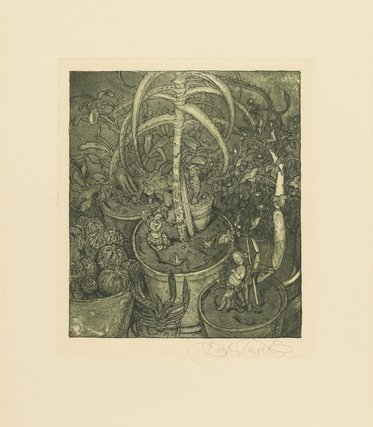 Ein monochromes Kunstwerk zeigt eine Vielzahl von Pflanzen in Töpfen. Im Vordergrund steht eine große, skulpturale Pflanze, umgeben von kleineren Kakteen und anderen Pflanzen. Die Szene vermittelt ein Gefühl von Fülle und Natur in einem geschützten Raum.