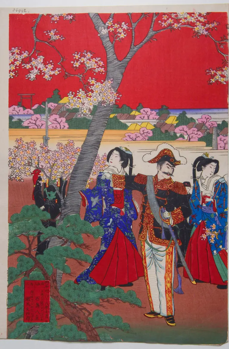 A colorful traditional Japanese print featuring a soldier in ornate attire, standing next to two women dressed in vibrant kimono. They are amidst blossoming cherry trees, set against a red background with hints of landscape visible in the distance. The scene captures a blend of culture and nature.