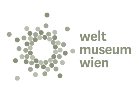 Logo of the Weltmuseum Wien, featuring a circular arrangement of dots in various shades of green, with the text "welt museum wien" to the right in a modern font.