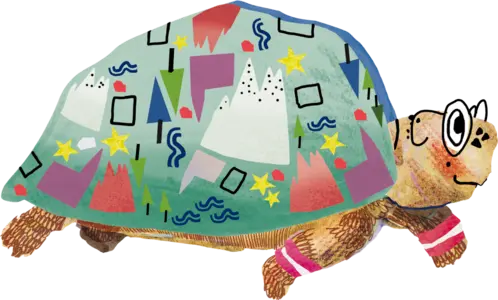 Eine bunte, stilisierte Schildkröte mit einem dekorierten Panzer, der geometrische Muster und Farben zeigt. Die Schildkröte hat einen lächelnden Gesichtsausdruck und trägt bunte Armbänder an ihren vorderen Beinen.