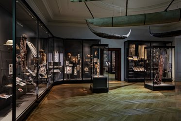 Interior view of a museum gallery featuring glass display cases filled with various cultural artifacts. The room is well-lit, with wooden flooring and large display cases showcasing items like masks, sculptures, and traditional tools. Two wooden canoes are suspended from the ceiling.