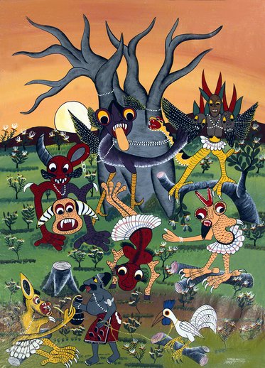 A vibrant and colorful artwork depicting various whimsical creatures, including a dragon-like figure, birds, and anthropomorphic characters, gathered around a central pond under a bright sunset. The landscape features stylized trees and vegetation, contributing to a fantastical atmosphere.