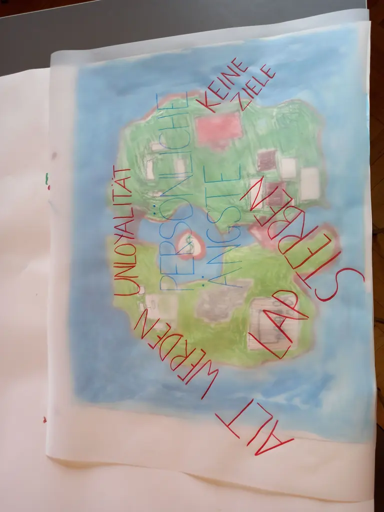 Eine bunte Zeichnung einer Insel mit verschiedenen Gebäuden. In der Mitte stehen die Worte „Allt werden Unloyalität, Respekt, Angst, keine Ziele, stabiles Leben“ geschrieben in roten und blauen Buchstaben. Der Hintergrund ist hellblau.