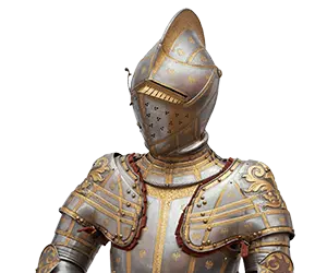 Ein detailierter, historischer Ritterrüstungsanzug aus Metall mit goldenen Verzierungen. Der Helm hat eine geschlossene Visieröffnung, und der gesamte Anzug vermittelt ein Gefühl von Stärke und Herkunft aus dem Mittelalter. Die Rüstung ist inspiriert von klassischem Rittertum.