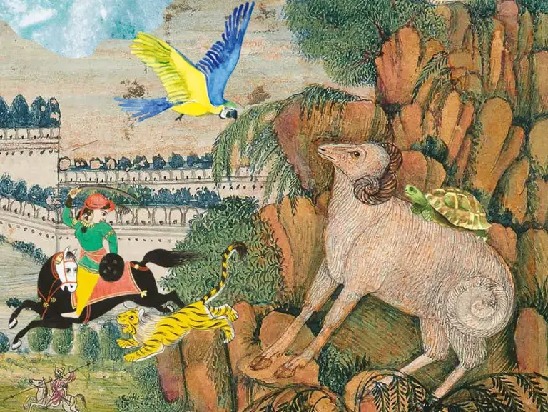 Eine Szene mit einem Reiter auf einem Pferd, umgeben von einem bunten Vogel, einem Tiger und einem großen Tier mit einer Schildkröte auf dem Rücken. Im Hintergrund sind Landschaftselemente und menschliche Figuren sichtbar. Die Farben sind lebhaft und folkloristisch.