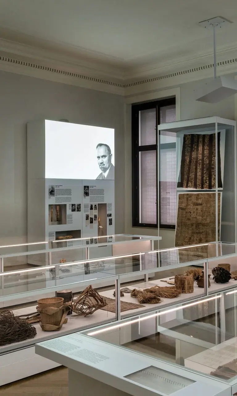 The image shows an interior of a museum, featuring several display cases containing historical artifacts. Warm lighting and large windows are present, along with digital screens displaying images of notable individuals. The overall atmosphere is educational, focusing on artifacts that showcase cultural history.