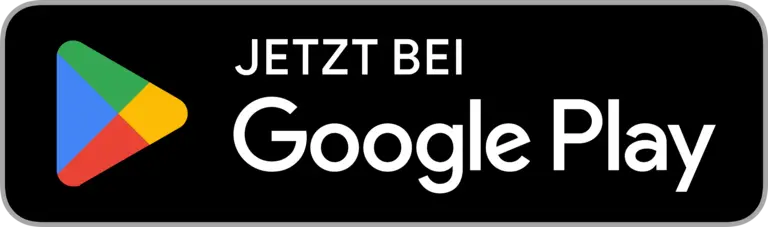 Ein schwarzes Rechteck mit abgerundeten Ecken, das das Google Play-Logo und den Text 