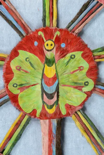 Ein bunt gestalteter Schmetterling mit grünen Flügeln, orangefarbenen und schwarzen Akzenten sowie einem gelben Kopf, der auf einem roten Hintergrund abgebildet ist. Strahlen in verschiedenen Farben umgeben den Schmetterling und verleihen dem Bild eine lebendige Ausstrahlung.