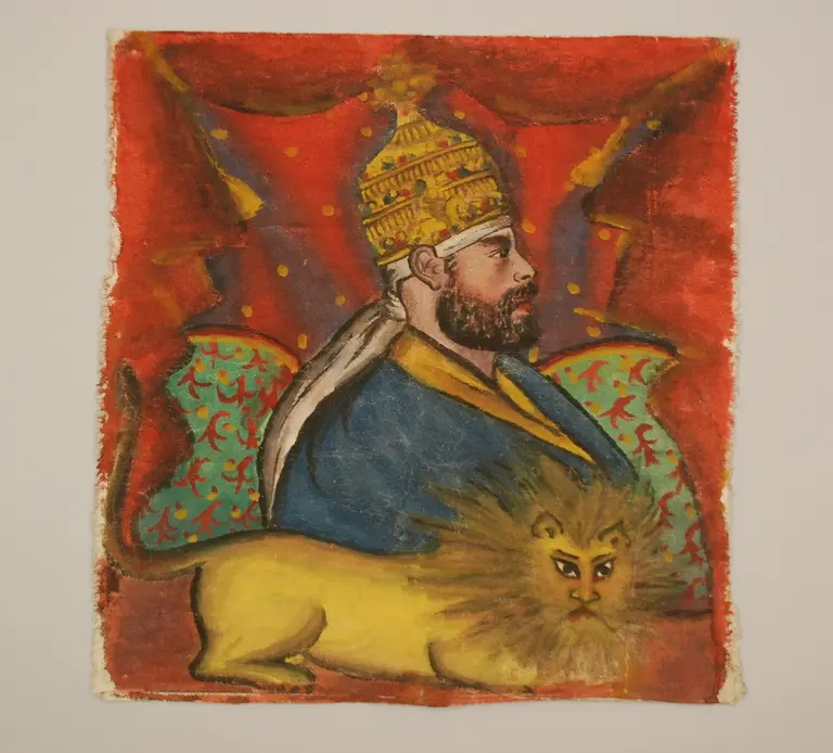Profile portrait of a bearded man wearing a golden crown and colorful robe, seated beside a lion. The background features bright red and decorative patterns, enhancing the regal appearance of the figure and the lion’s fierce expression.
