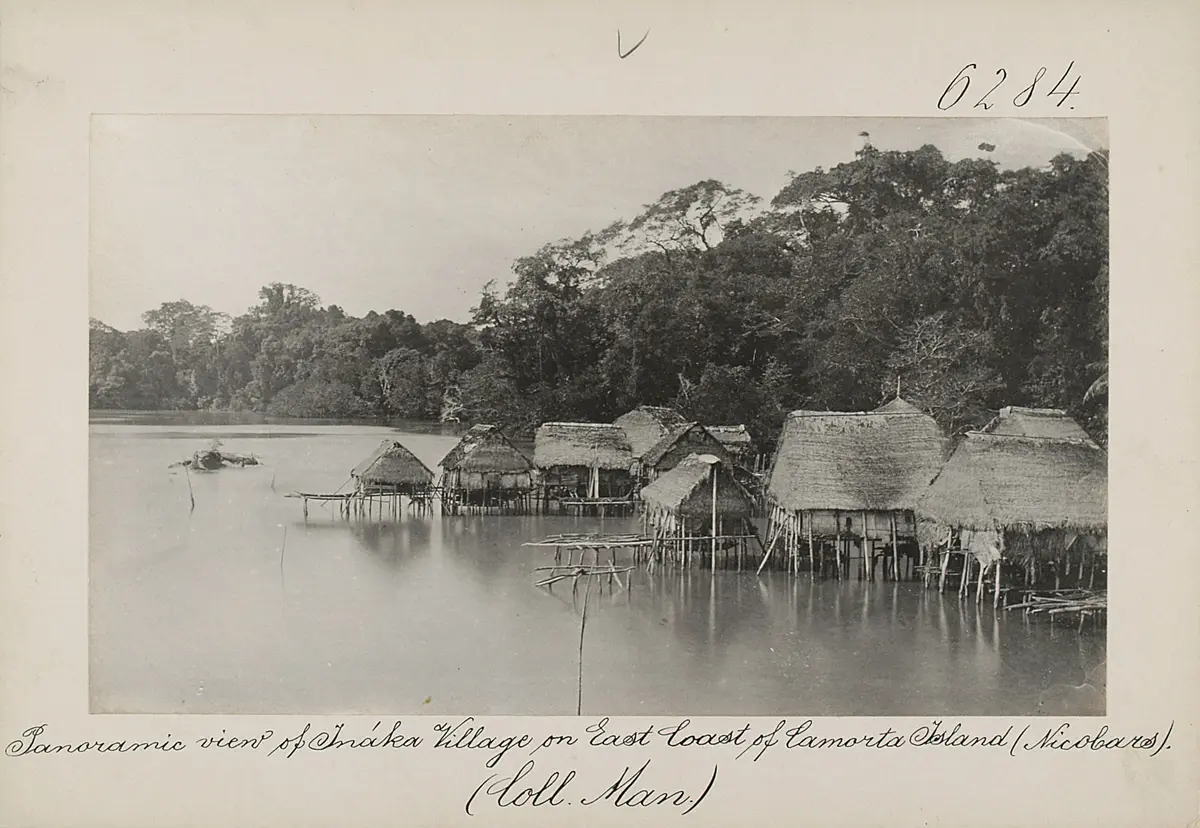 Panoramic view of Ináka Village on East Coast of Camorta Island. (Nicobars)