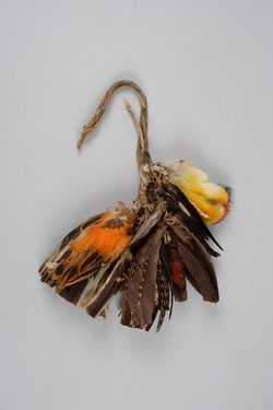 Schmuckanhänger aus Vogelbälgen und Federn