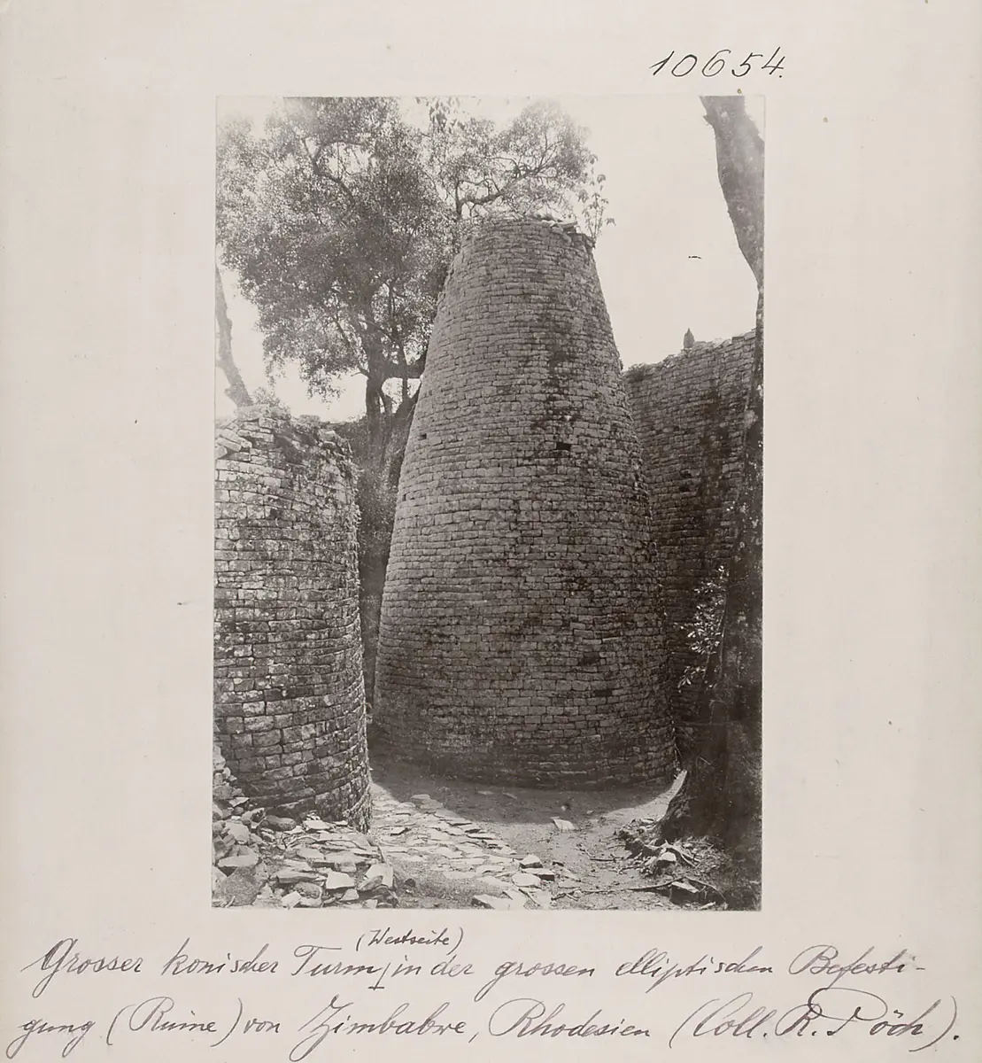 Large conical tower (west side) in a big elliptical fortification (ruin) of Zimbabwe