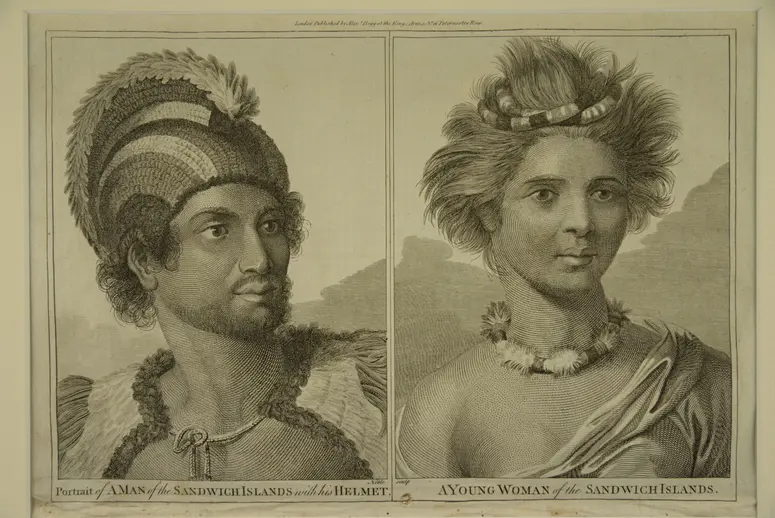 Portrait of a man of the Sandwich Islands with his helmet / A young woman of the Sandwich Islands