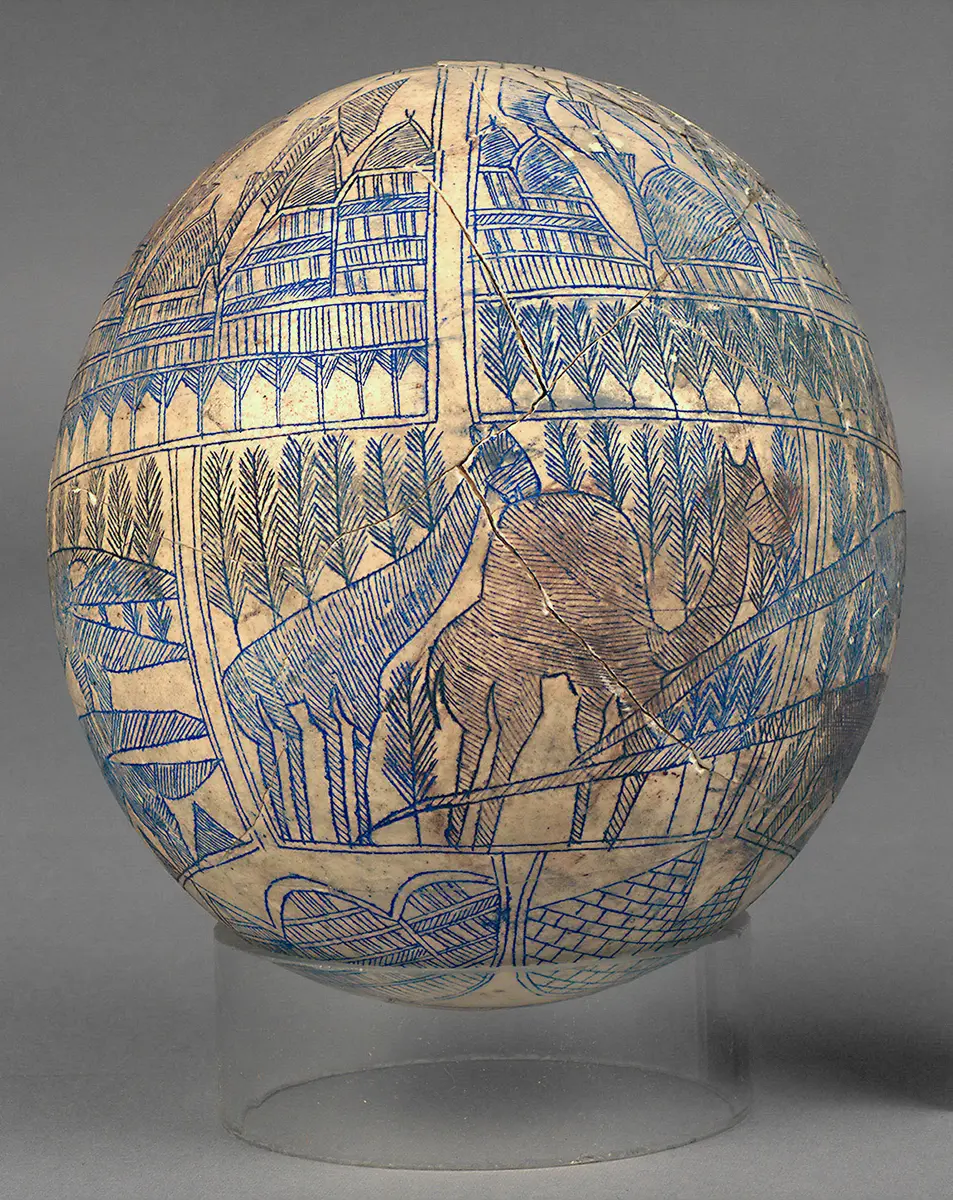 Ostrich egg decorated with animals and trees