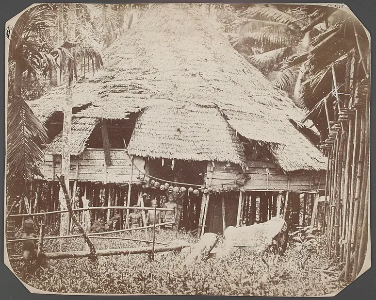 Dajakhütte auf Borneo, davor Schädeltrophäen