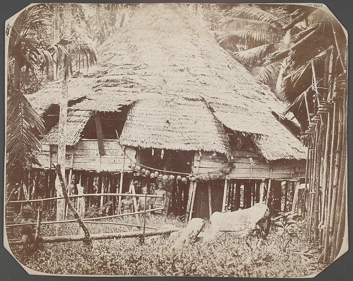 Dajakhütte auf Borneo, davor Schädeltrophäen