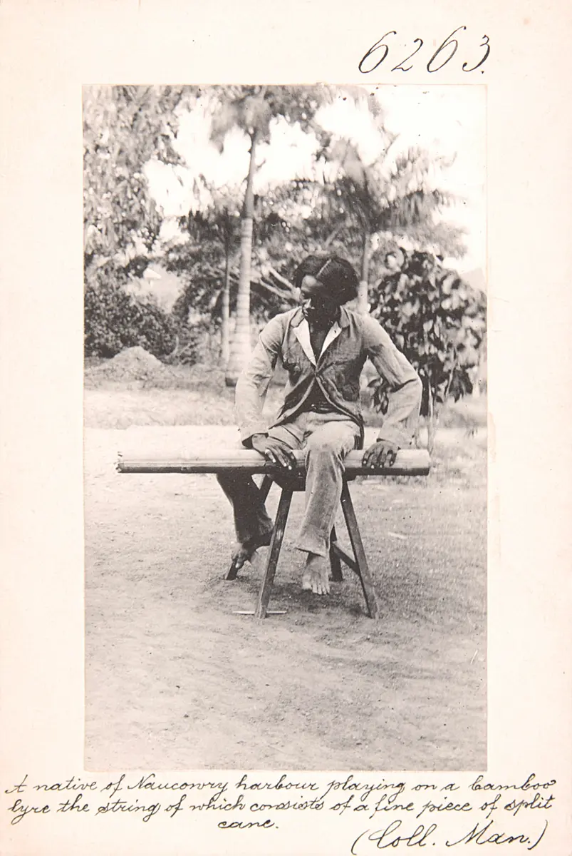 A native of Naucowry harbour playing on a bamboo lyre the string of which consists of a fine piece of split cane