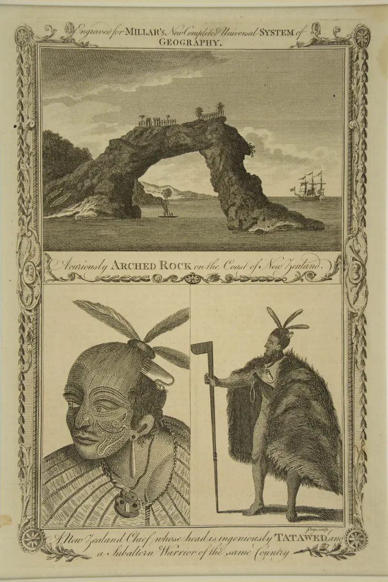 A curiously Arched Rock on the Coast of New Zealand. A New Zealand Chief whose head is ingeniously Tatawed and a Subaltern Warrior of the same Country
