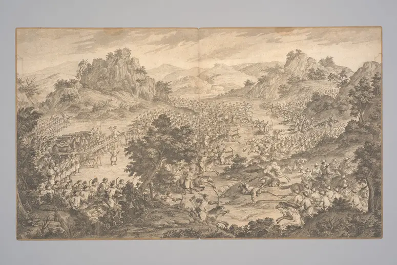 Der chinesische General (Zhao Hui?) lässt Kanonen, die zuvor von Kamelen abgeladen wurden, auf den Feind richten, während seine Kavallerie dem Feind nachjagt. Am Ufer des Schwarzen Flusses Qara usu bei Yarkand errichtet die Qing-Armee eine neue Brücke. Die Qing-Armee war zuvor monatelang belagert worden.