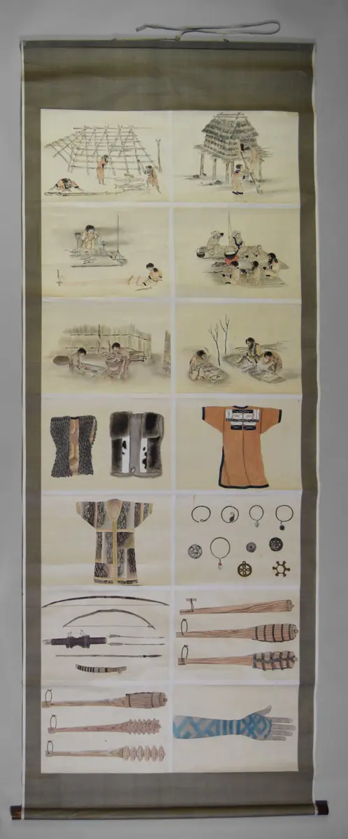 Objects and scenes of daily life of the Ainu, mounted on a long scroll kakemono