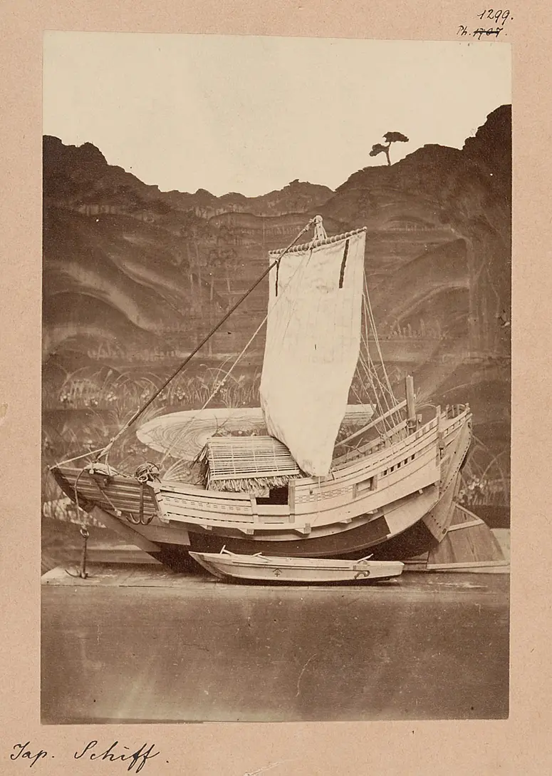 Studio photograph of the model of a coastal ship