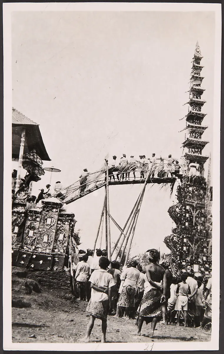 Cremation ceremony with tower and bridge