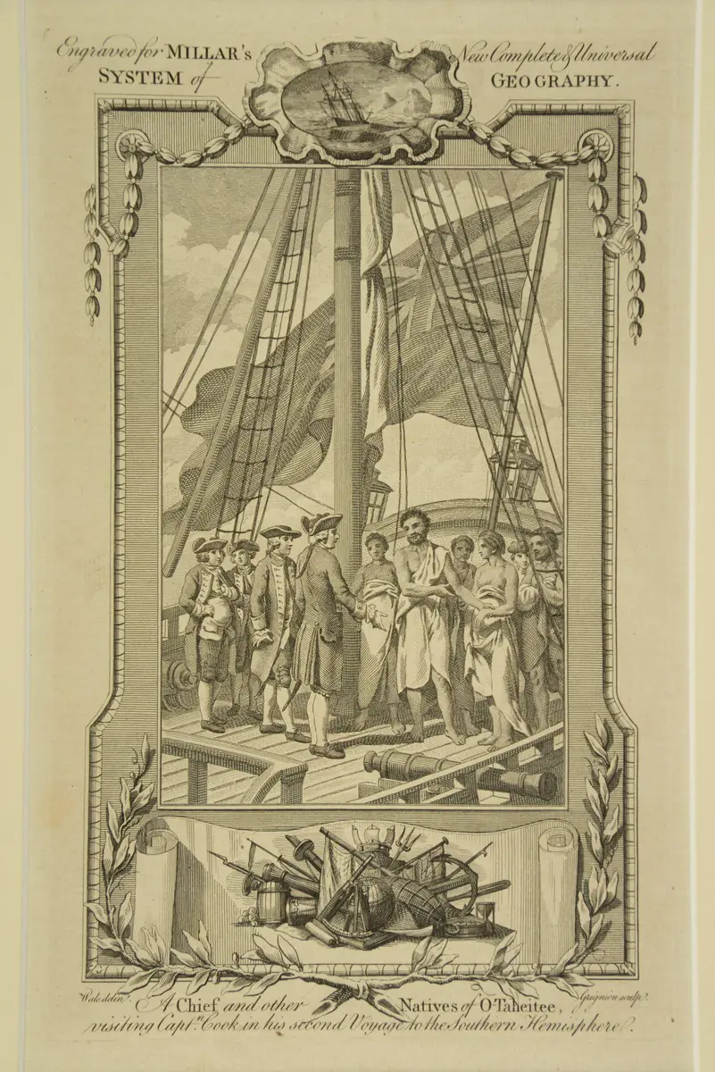 Bewohner von Tahiti besuchen Kapitän Cook