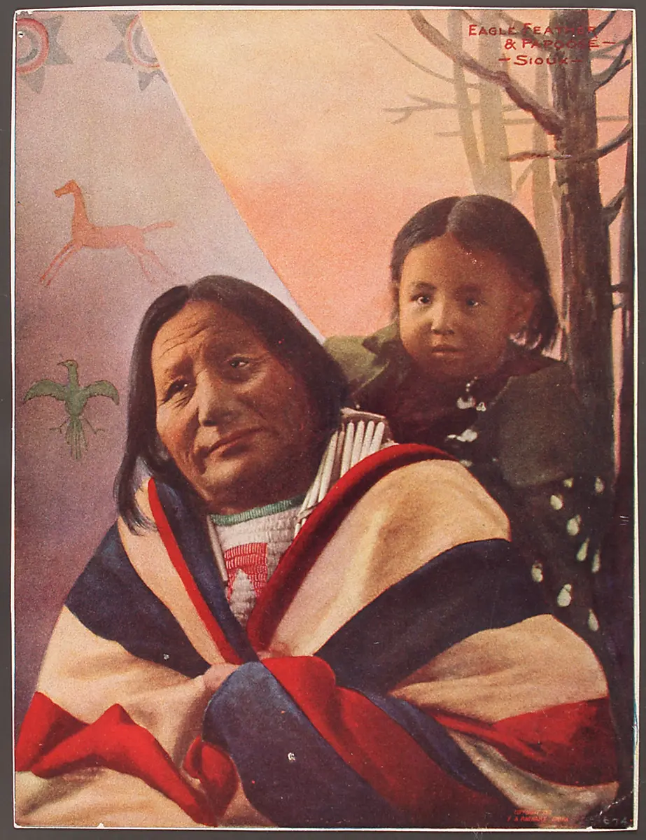 Eagle Feather in gewebter Decke und Kind in Gewand mit Hirschzähnen, Oglala Lakota