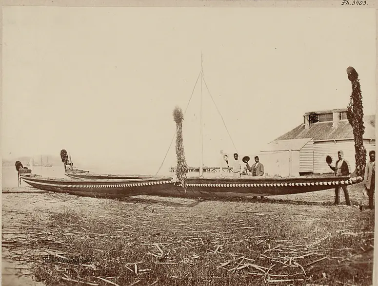 Waka tana, Maori war-canoe, decorated with feathers, at a rowing competition in North-Shore near Auckland
