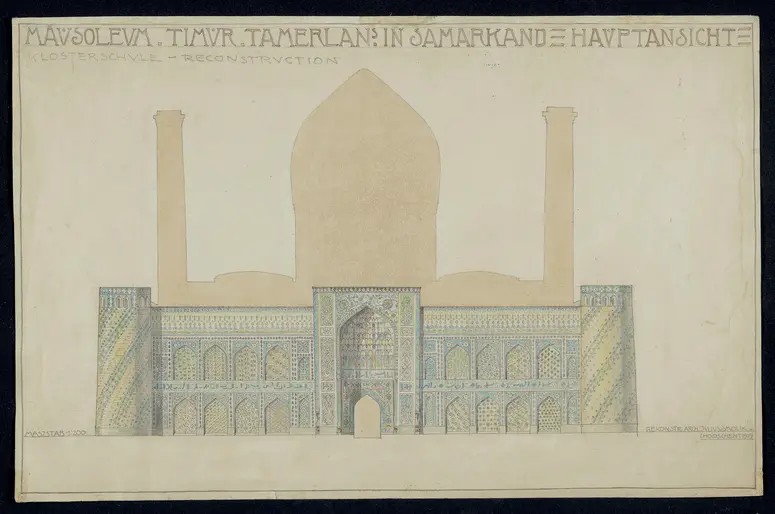 Mausoleum Timur Tamerlan´s in Samarkand - Hauptansicht. Klosterschule - Rekonstruction.