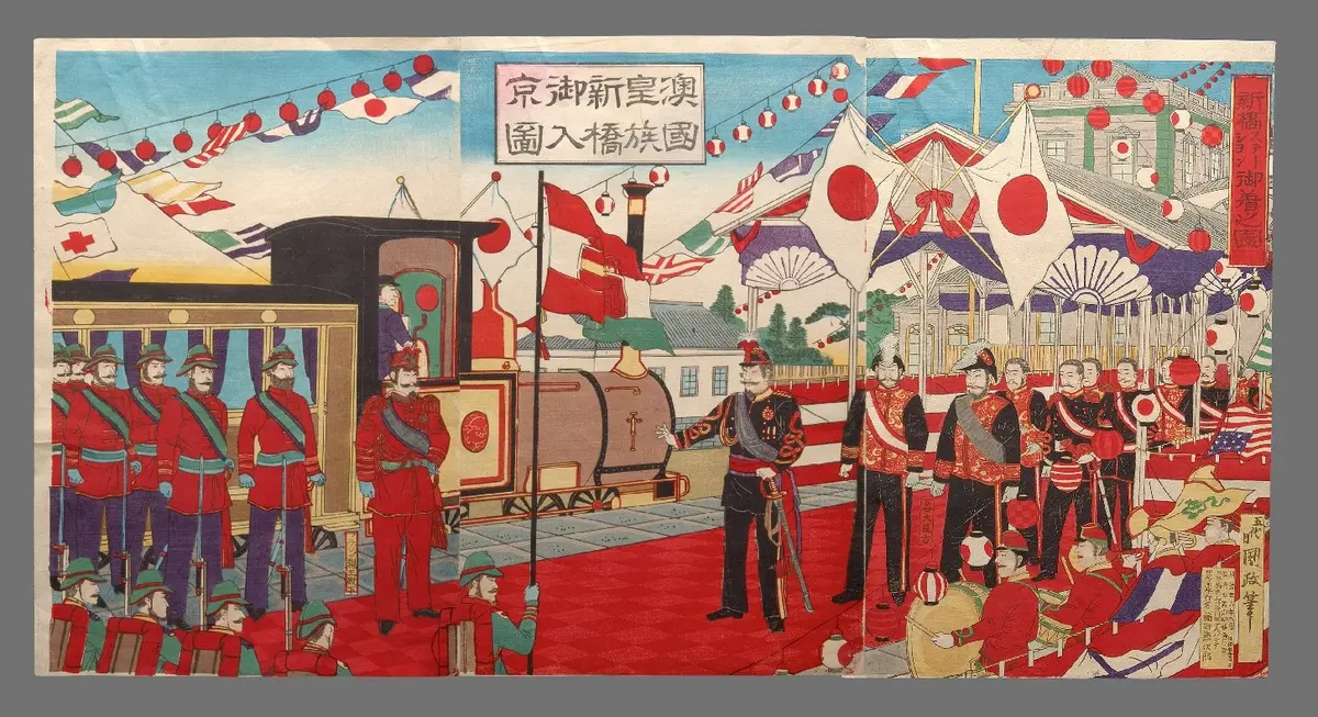 Ankunft des österreichischen Erzherzogs (Franz Ferdinand) am Shinbashi-Bahnhof in Tōkyō