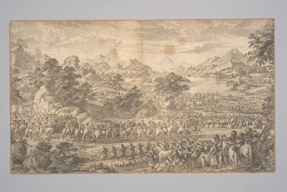 Nach Schlachten in den Jahren 1756 bis 1757 besiegen die kaiserlichen Truppen die Dsungaren und das Gebiet um Ili fällt an das Qing-Kaiserreich.