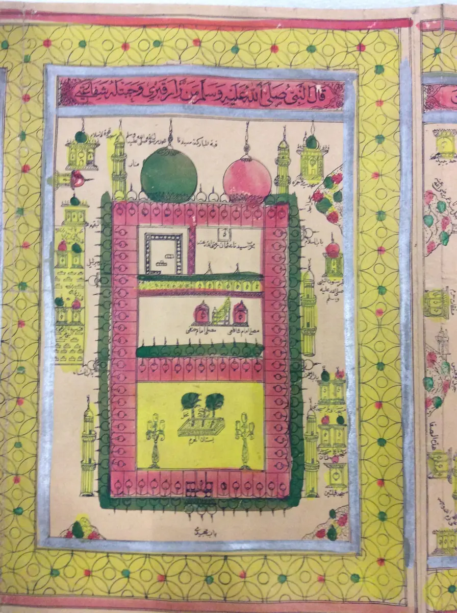 Pilgerurkunde mit den muslimischen Wallfahrtsorten Mekka, Medina und Jerusalem
