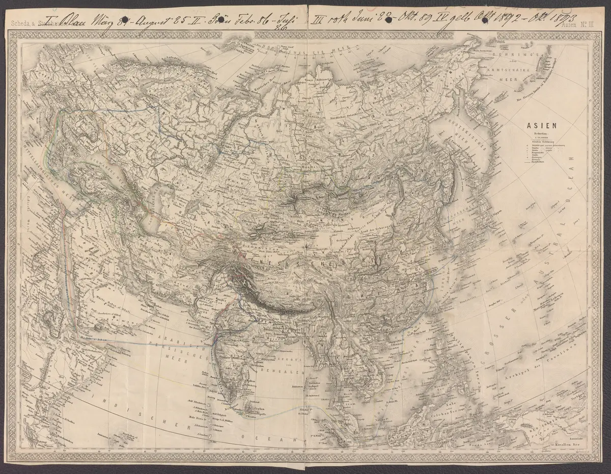 Landkarte Asien: Reiserouten von Josef Troll 1884-1893