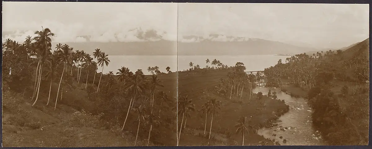 Panorama: Tal mit Fluss und Reisfeldern; im Hintergrund Meeresbucht
