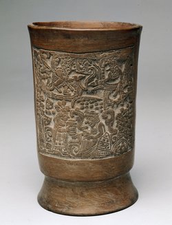 Vessel (Funerary urn?) with sacrificial scene and feather serpent with deities