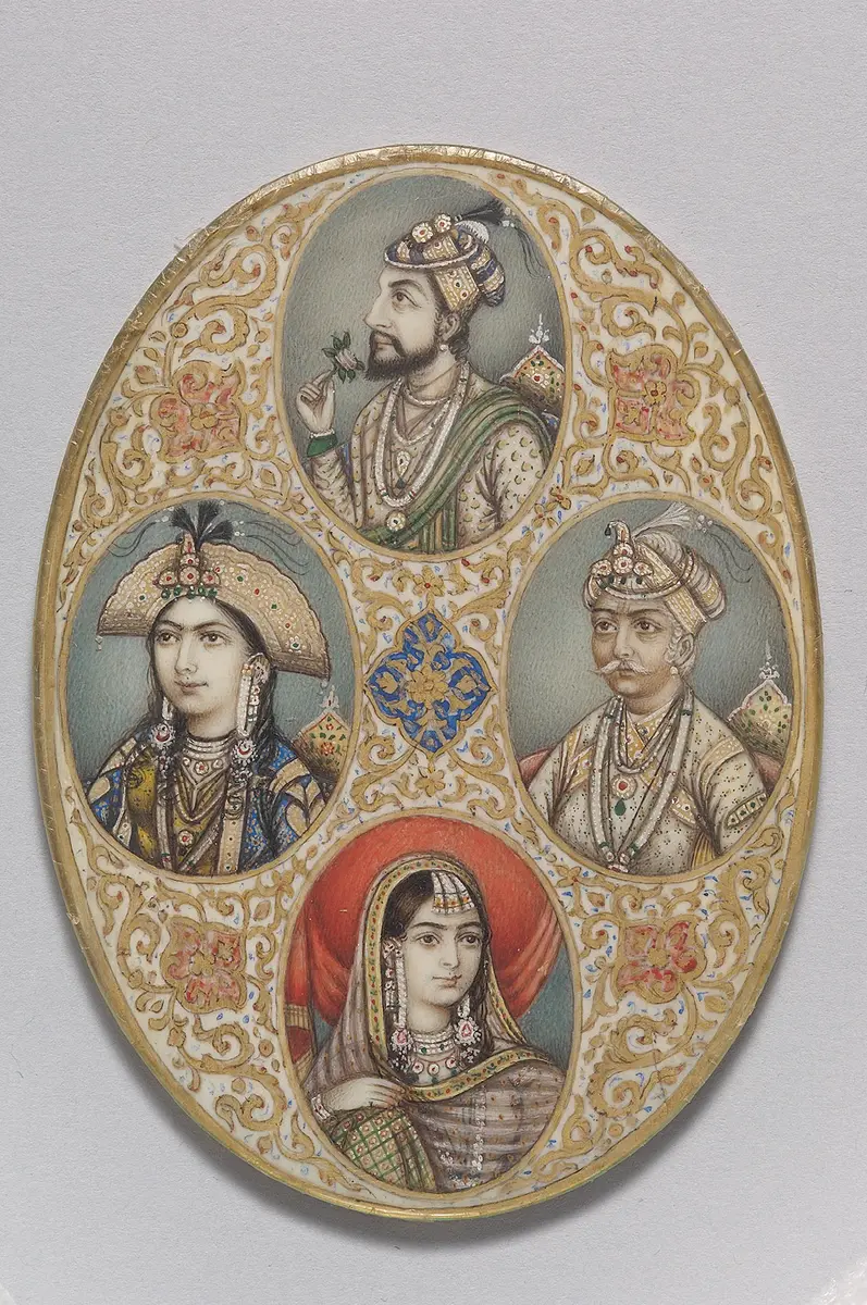 Die Mogul-Kaiser Akbar und Shah Jahan mit ihren Frauen Mariam-uz-Zamani alias Jodha Bai und Mumtaz Mahal