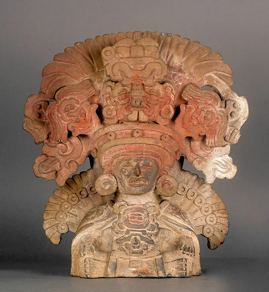 Venerated ancestor, in headdress Cocijo, God of Rain, Lightning, Thunder, maize